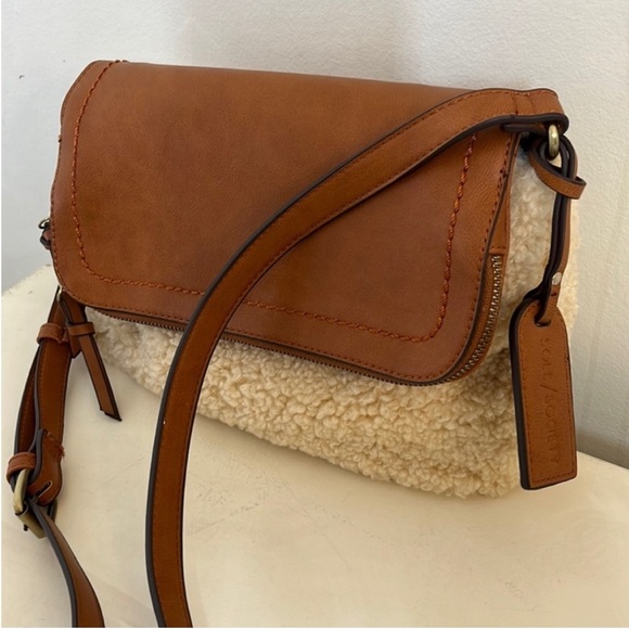 Sole Society Handbags - Sole Society Sherpa and Tan Leather Crossbody Bag